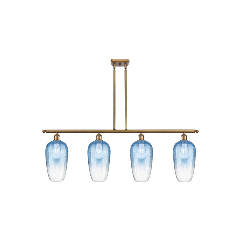 Innovations Brookhaven Flute 48in 4-Light Island Light | Industrial Brushed Brass Steel and Sapphire Blue Glass | Kitchen | Model 516-4I-BB-G484-7SB