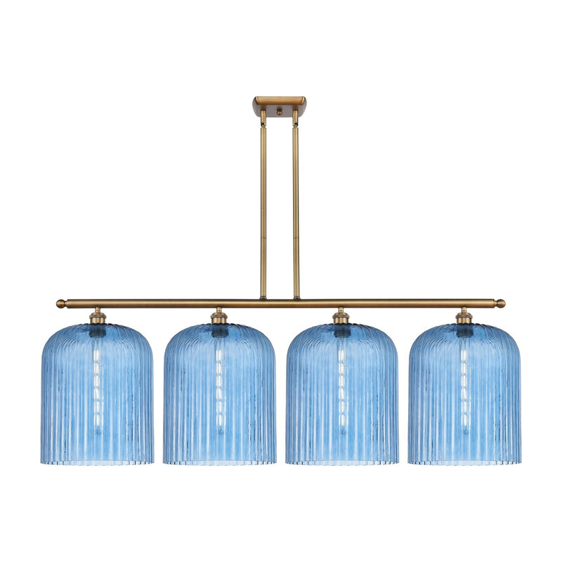 Innovations Bridal Veil 48in 4-Light Island Light | Art Nouveau Brushed Brass Steel and Princess Blue Ribbed Glass | Kitchen | Model 516-4I-BB-G559-12BL