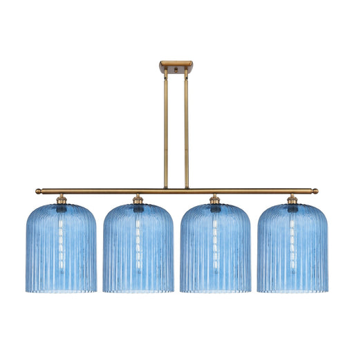 Innovations Bridal Veil 48in 4-Light Island Light | Art Nouveau Brushed Brass Steel and Princess Blue Ribbed Glass | Kitchen | Model 516-4I-BB-G559-12BL