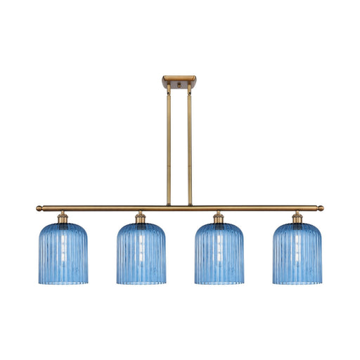 Innovations Bridal Veil 48in 4-Light Island Light | Art Nouveau Brushed Brass and Princess Blue Ribbed Glass | Kitchen Island & | Model 516-4I-BB-G559-8BL