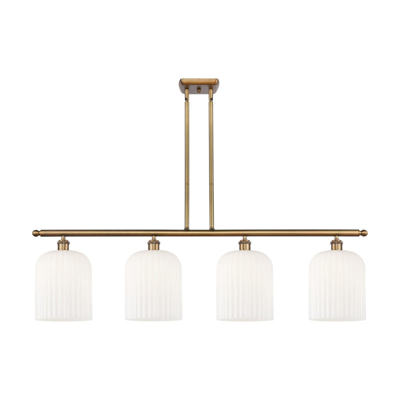Innovations Bridal Veil 48in 4-Light Island Light | Art Nouveau Brushed Brass and Gloss White Ribbed Glass | Kitchen Island & | Model 516-4I-BB-G559-8GWH