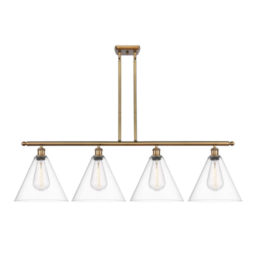 Innovations Berkshire Glass 50in 4-Light Island Light | Industrial Brushed Brass Steel and Clear Glass | Kitchen Island & Dining | Model 516-4I-BB-GBC-122