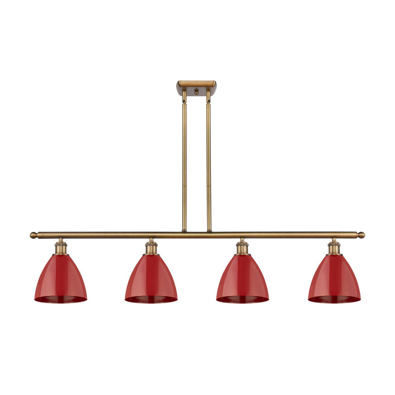 Innovations Plymouth 48in 4-Light Island Light | Industrial Farmhouse Brushed Brass and Matte Red Metal Shade | Kitchen | Model 516-4I-BB-MBD-75-RD-LED