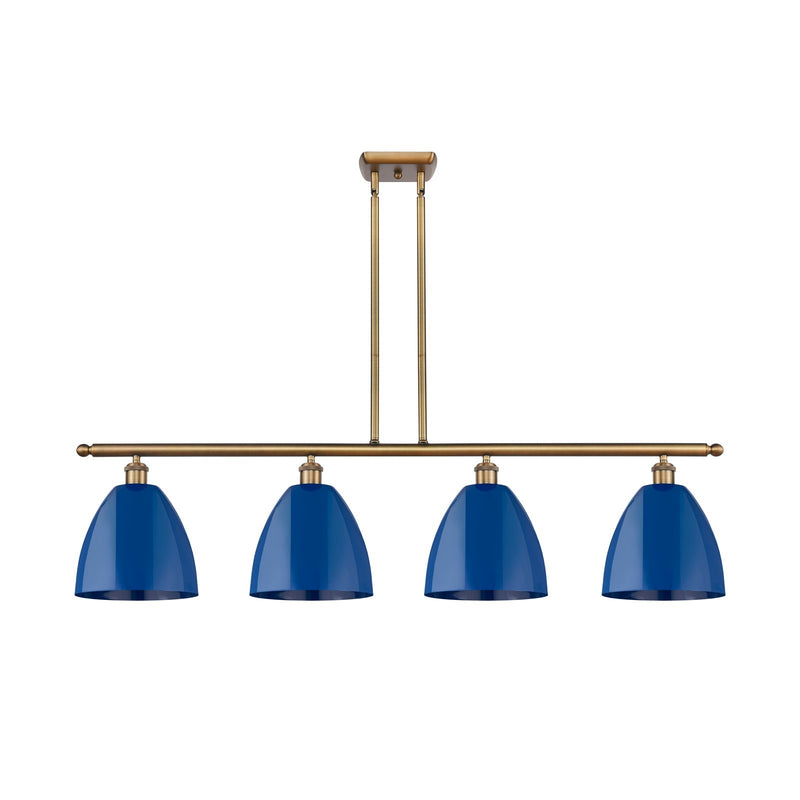 Innovations Plymouth 48in 4-Light Island Light | Industrial Farmhouse Brushed Brass and Matte Blue Metal Shade | Kitchen Island | Model 516-4I-BB-MBD-9-BL