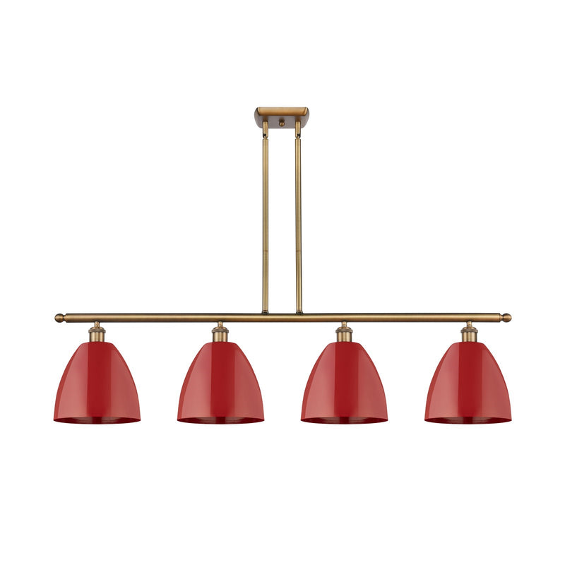 Innovations Plymouth 48in 4-Light Island Light | Industrial Farmhouse Brushed Brass and Matte Red Metal Shade | Kitchen Island | Model 516-4I-BB-MBD-9-RD