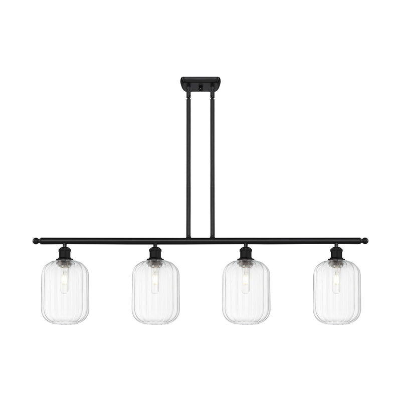 Innovations Preston Cylinder 48in 4-Light Island Light | Industrial Matte Black Steel and Clear Glass | Kitchen Island & Dining | Model 516-4I-BK-G460-7CL