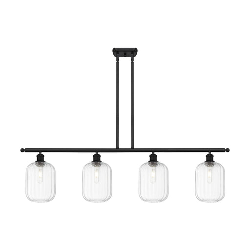 Innovations Preston Cylinder 48in 4-Light Island Light | Industrial Matte Black Steel and Clear Glass | Kitchen Island & Dining | Model 516-4I-BK-G460-7CL