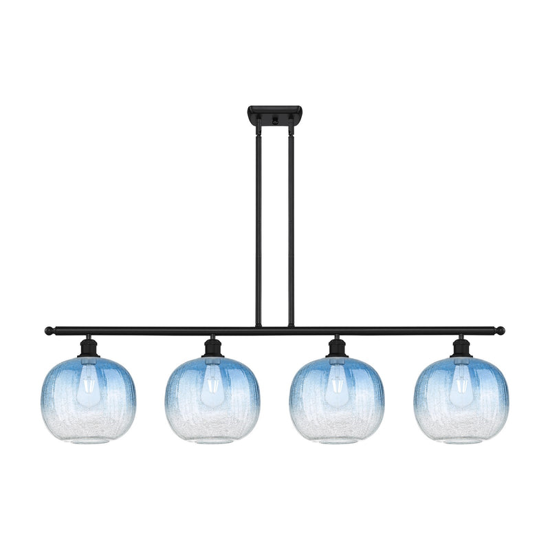 Innovations Brookhaven Sphere 49in 4-Light Island Light | Industrial Matte Black Steel and Sapphire Blue Glass | Kitchen | Model 516-4I-BK-G481-10SB