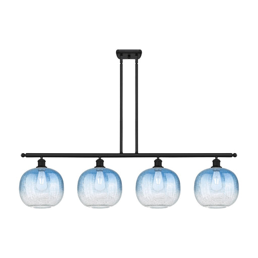 Innovations Brookhaven Sphere 49in 4-Light Island Light | Industrial Matte Black Steel and Sapphire Blue Glass | Kitchen | Model 516-4I-BK-G481-10SB