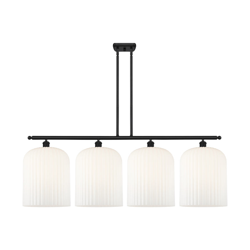 Innovations Bridal Veil 48in 4-Light Island Light | Art Nouveau Industrial Matte Black Steel and Gloss White Ribbed Glass | Model 516-4I-BK-G559-12GWH