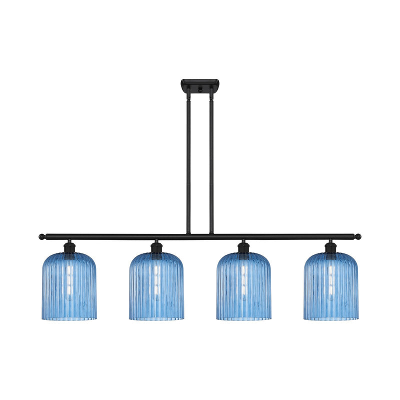 Innovations Bridal Veil 48in 4-Light Island Light | Art Nouveau Matte Black Steel and Princess Blue Ribbed Glass | Kitchen | Model 516-4I-BK-G559-8BL