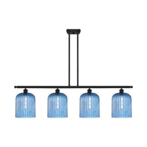 Innovations Bridal Veil 48in 4-Light Island Light | Art Nouveau Matte Black Steel and Princess Blue Ribbed Glass | Kitchen | Model 516-4I-BK-G559-8BL