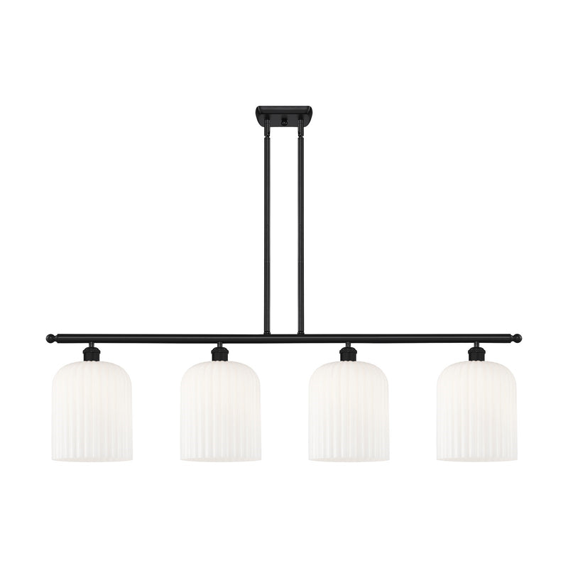 Innovations Bridal Veil 48in 4-Light Island Light | Art Nouveau Matte Black Steel and Gloss White Ribbed Glass | Kitchen | Model 516-4I-BK-G559-8GWH