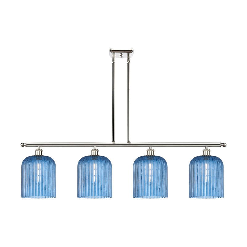 Innovations Bridal Veil 48in 4-Light Island Light | Art Nouveau Polished Nickel Steel and Princess Blue Ribbed Glass | Kitchen | Model 516-4I-PN-G559-8BL