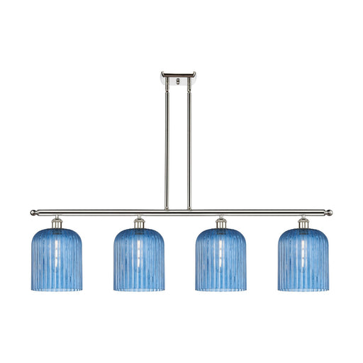 Innovations Bridal Veil 48in 4-Light Island Light | Art Nouveau Polished Nickel Steel and Princess Blue Ribbed Glass | Kitchen | Model 516-4I-PN-G559-8BL