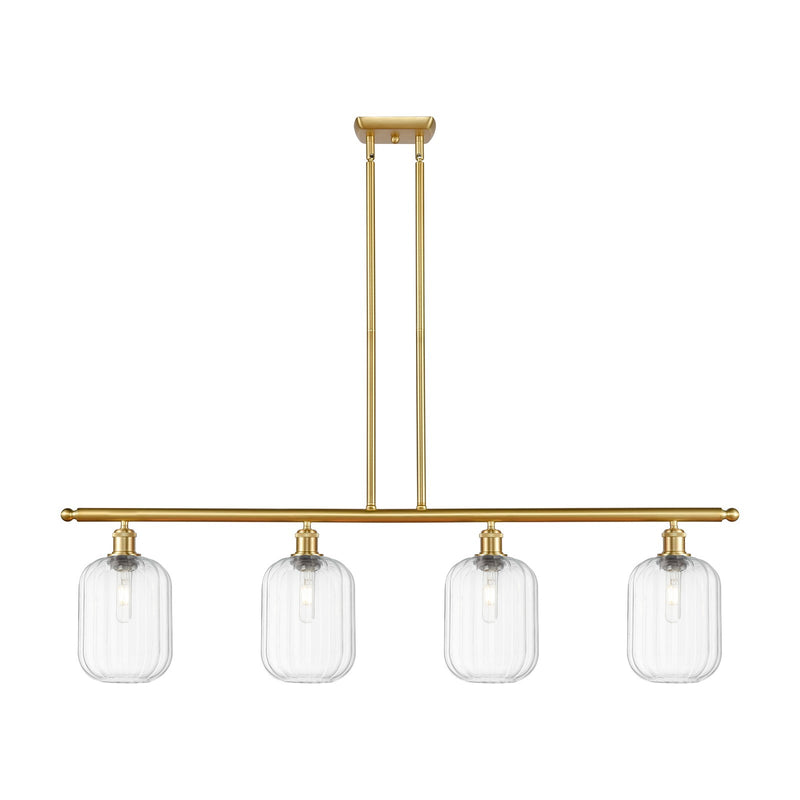 Innovations Preston Cylinder 48in 4-Light Island Light | Industrial Satin Gold Steel and Clear Glass | Kitchen Island & Dining | Model 516-4I-SG-G460-7CL