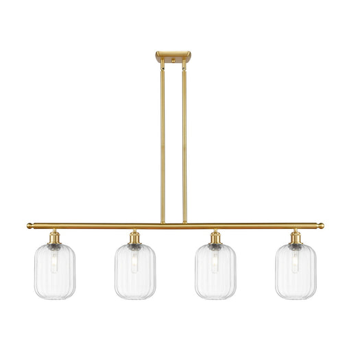 Innovations Preston Cylinder 48in 4-Light Island Light | Industrial Satin Gold Steel and Clear Glass | Kitchen Island & Dining | Model 516-4I-SG-G460-7CL