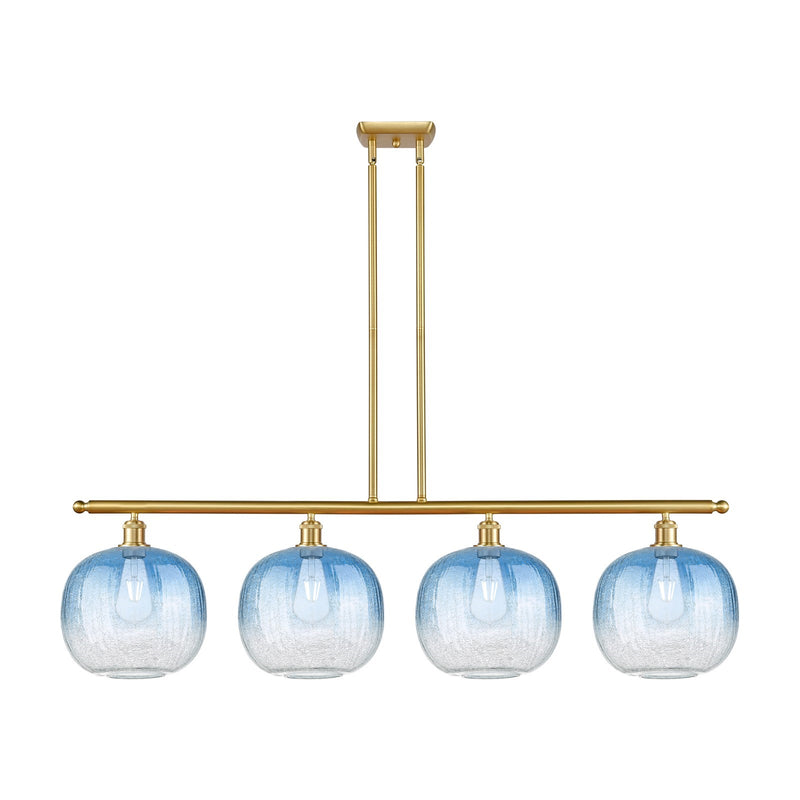 Innovations Brookhaven Sphere 49in 4-Light Island Light | Industrial Satin Gold Steel and Sapphire Blue Glass | Kitchen Island | Model 516-4I-SG-G481-10SB