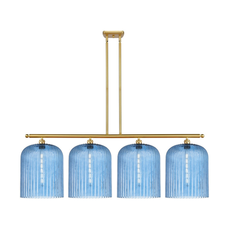 Innovations Bridal Veil 48in 4-Light Island Light | Art Nouveau Satin Gold Steel and Princess Blue Ribbed Glass | Kitchen | Model 516-4I-SG-G559-12BL