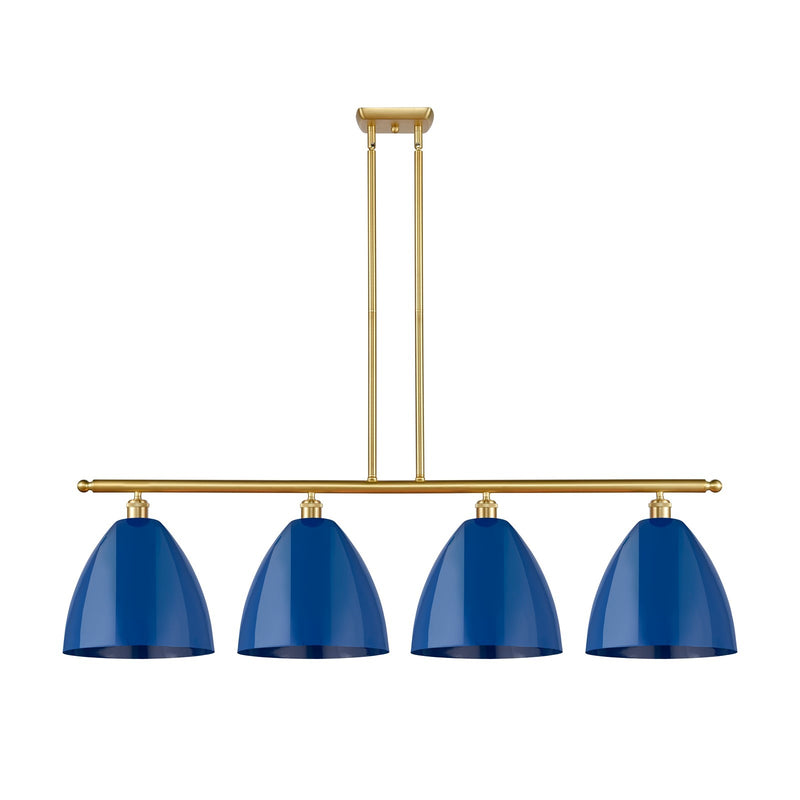 Innovations Plymouth 50in 4-Light Island Light | Industrial Farmhouse Satin Gold Steel and Matte Blue Metal Shade | Model 516-4I-SG-MBD-12-BL-LED