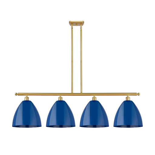 Innovations Plymouth 50in 4-Light Island Light | Industrial Farmhouse Satin Gold Steel and Matte Blue Metal Shade | Model 516-4I-SG-MBD-12-BL-LED