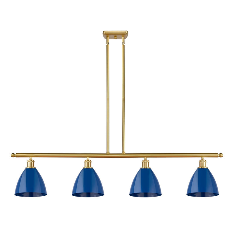 Innovations Plymouth 48in 4-Light Island Light | Industrial Farmhouse Satin Gold Steel and Matte Blue Metal Shade | Kitchen | Model 516-4I-SG-MBD-75-BL