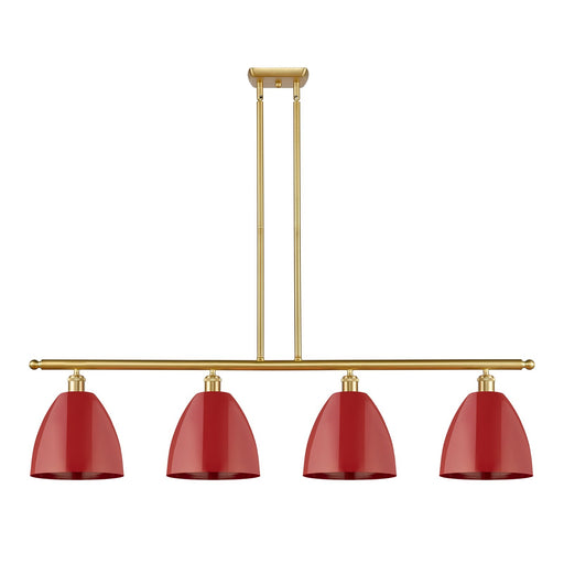 Innovations Plymouth 48in 4-Light Island Light | Industrial Farmhouse Satin Gold Steel and Matte Red Metal Shade | Kitchen | Model 516-4I-SG-MBD-9-RD-LED