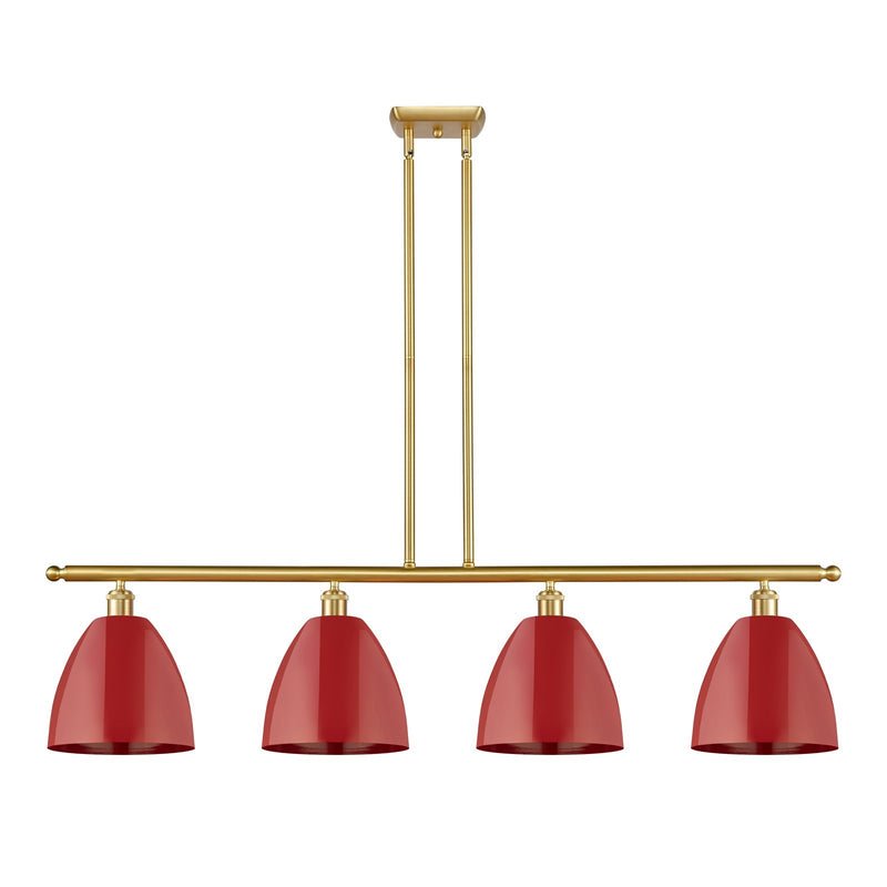 Innovations Plymouth 48in 4-Light Island Light | Industrial Farmhouse Satin Gold Steel and Matte Red Metal Shade | Kitchen | Model 516-4I-SG-MBD-9-RD-LED