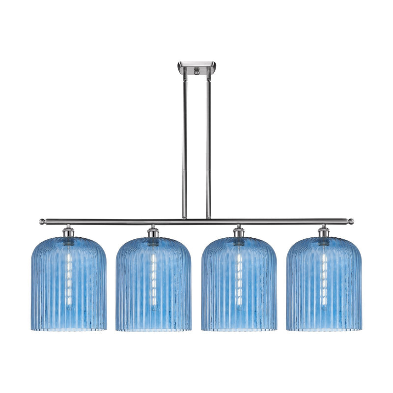 Innovations Bridal Veil 48in 4-Light Island Light | Art Nouveau Brushed Satin Nickel and Princess Blue Ribbed Glass | Kitchen | Model 516-4I-SN-G559-12BL
