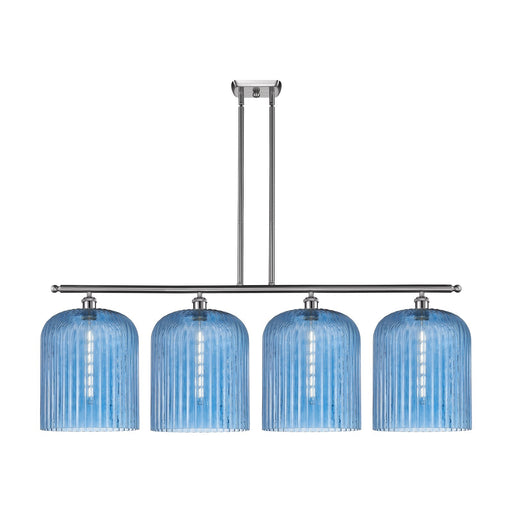 Innovations Bridal Veil 48in 4-Light Island Light | Art Nouveau Brushed Satin Nickel and Princess Blue Ribbed Glass | Kitchen | Model 516-4I-SN-G559-12BL