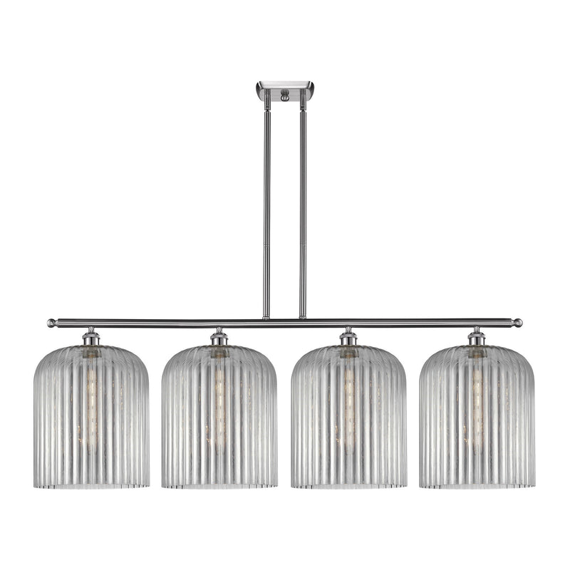 Innovations Bridal Veil 48in 4-Light Island Light | Art Nouveau Brushed Satin Nickel and Light Smoke Ribbed Glass | Kitchen | Model 516-4I-SN-G559-12SM