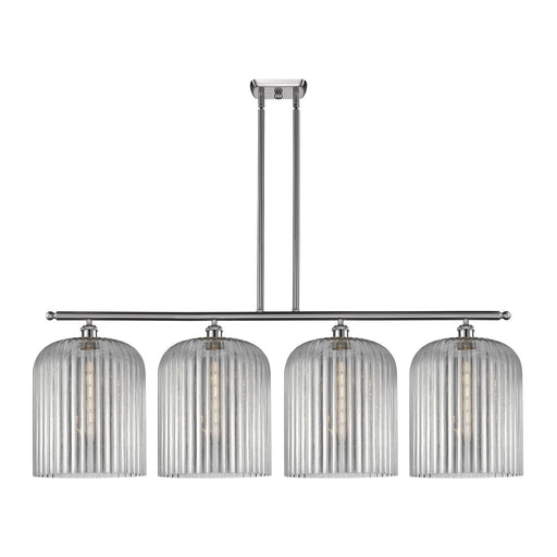 Innovations Bridal Veil 48in 4-Light Island Light | Art Nouveau Brushed Satin Nickel and Light Smoke Ribbed Glass | Kitchen | Model 516-4I-SN-G559-12SM