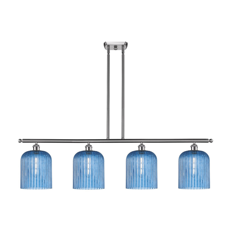 Innovations Bridal Veil 48in 4-Light Island Light | Art Nouveau Brushed Satin Nickel and Princess Blue Ribbed Glass | Kitchen | Model 516-4I-SN-G559-8BL