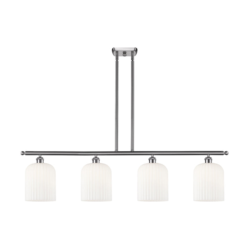 Innovations Bridal Veil 48in 4-Light Island Light | Art Nouveau Brushed Satin Nickel and Gloss White Ribbed Glass | Kitchen | Model 516-4I-SN-G559-8GWH