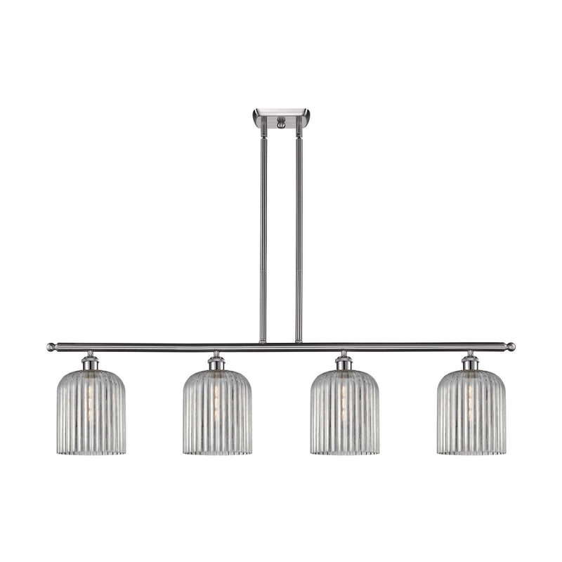 Innovations Bridal Veil 48in 4-Light Island Light | Art Nouveau Brushed Satin Nickel and Light Smoke Ribbed Glass | Kitchen | Model 516-4I-SN-G559-8SM