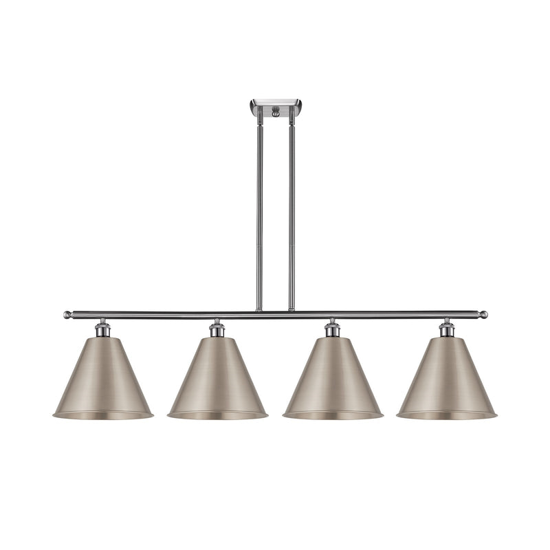 Innovations Berkshire 50in 4-Light Island Light | Industrial Farmhouse Brushed Satin Nickel Steel and Cast Brass Metal Cone | Model 516-4I-SN-MBC-12-SN