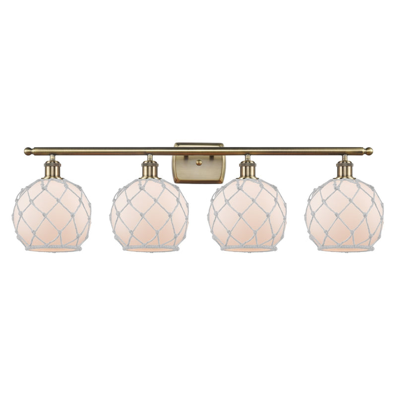 Innovations Farmhouse Rope 38in 4-Light Bath Vanity Light | Industrial Antique Brass Steel and White Frosted Glass with Rope | Model 516-4W-AB-G121-8RW