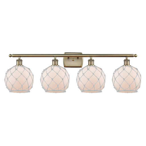 Innovations Farmhouse Rope 38in 4-Light Bath Vanity Light | Industrial Antique Brass Steel and White Frosted Glass with Rope | Model 516-4W-AB-G121-8RW