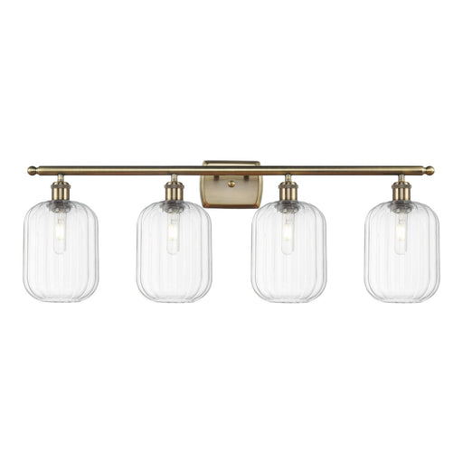 Innovations Preston Cylinder 37in 4-Light Bath Vanity Light | Industrial Antique Brass Steel and Clear Glass | Bathroom Vanity | Model 516-4W-AB-G460-7CL