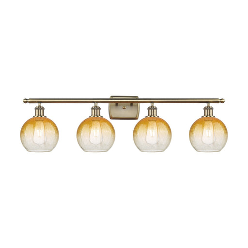 Innovations Brookhaven Globe 38in 4-Light Bath Vanity Light | Industrial Antique Brass and Amber Glass | Bathroom Vanity | Model 516-4W-AB-G483-8AM