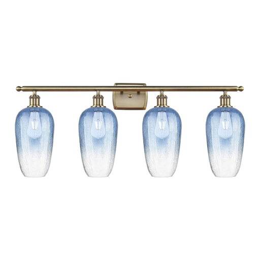 Innovations Brookhaven Flute 37in 4-Light Bath Vanity | Industrial Modern Antique Brass Steel and Sapphire Blue Glass | Model 516-4W-AB-G484-7SB