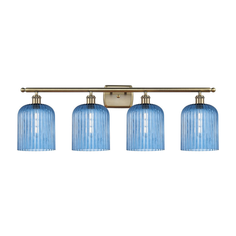 Innovations Bridal Veil 35in 4-Light Bath Vanity | Art Nouveau Antique Brass Steel and Princess Blue Ribbed Glass | Bathroom | Model 516-4W-AB-G559-8BL