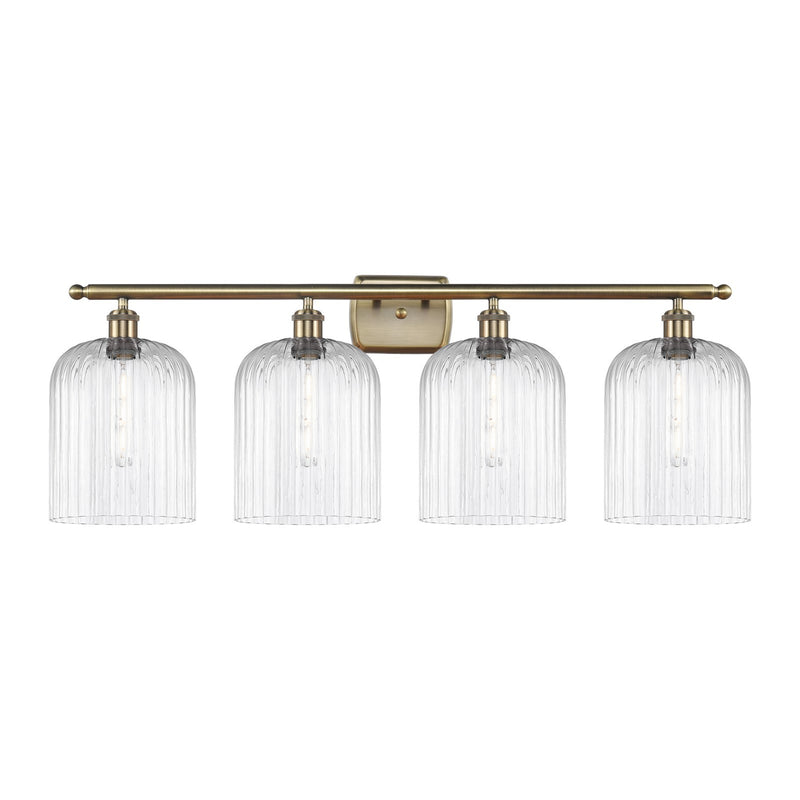 Innovations Bridal Veil 35in 4-Light Bath Vanity | Art Nouveau Industrial Antique Brass and Clear Ribbed Glass | Bathroom | Model 516-4W-AB-G559-8CL