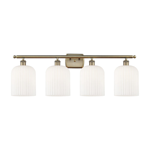 Innovations Bridal Veil 35in 4-Light Bath Vanity Light | Art Nouveau Industrial Antique Brass and Gloss White Ribbed Glass | Model 516-4W-AB-G559-8GWH