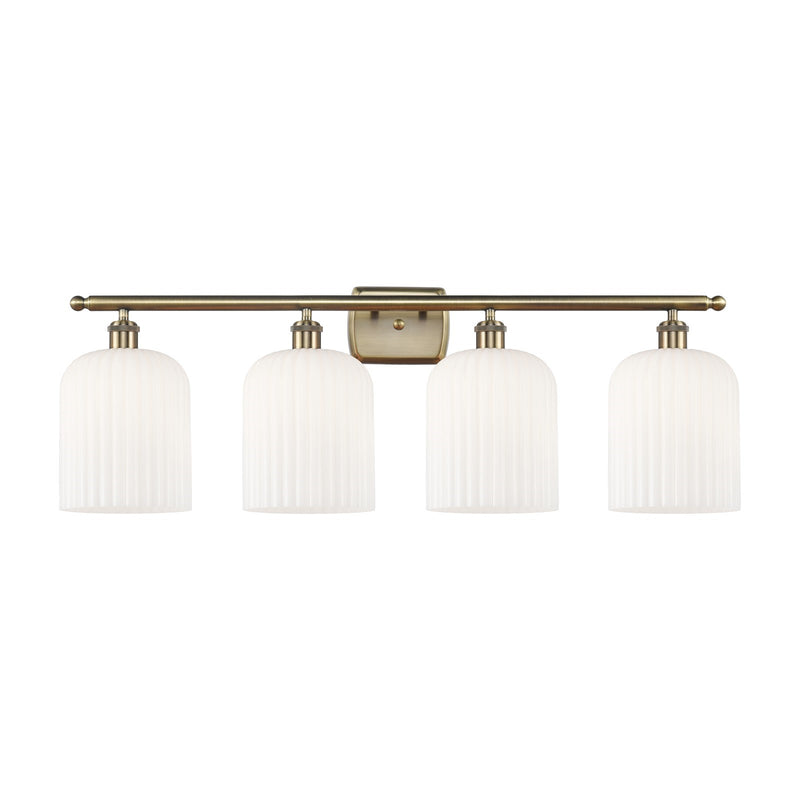 Innovations Bridal Veil 35in 4-Light Bath Vanity Light | Art Nouveau Industrial Antique Brass and Gloss White Ribbed Glass | Model 516-4W-AB-G559-8GWH