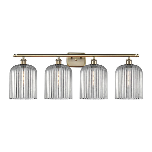 Innovations Bridal Veil 35in 4-Light Bath Vanity | Art Nouveau Industrial Antique Brass and Light Smoke Ribbed Glass | Bathroom | Model 516-4W-AB-G559-8SM