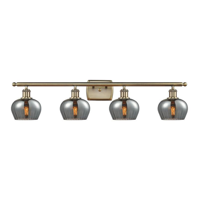 Innovations Fenton 37in 4-Light Bath Vanity Light | Industrial Antique Brass and Light Smoke Ribbed Glass | Bathroom Vanity | 36.5 x | Model 516-4W-AB-G93