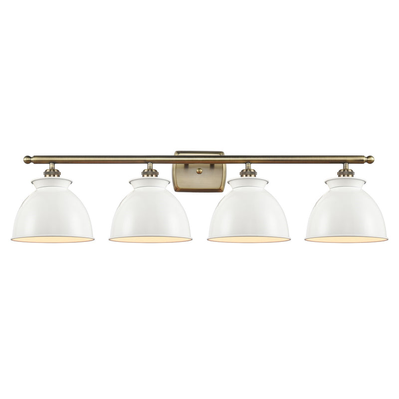 Innovations Adirondack 38in 4-Light Bath Vanity Light | Industrial Farmhouse Antique Brass and Glossy White Metal Shade | Model 516-4W-AB-M14-W-LED