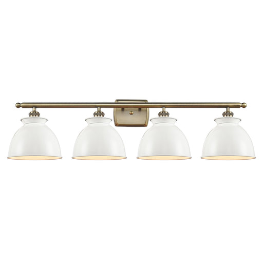 Innovations Adirondack 38in 4-Light Bath Vanity Light | Industrial Farmhouse Antique Brass and Glossy White Metal Shade | Model 516-4W-AB-M14-W-LED
