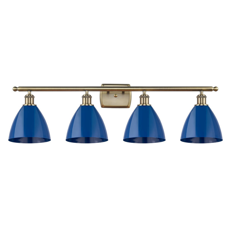 Innovations Plymouth 38in 4-Light Bath Vanity | Industrial Farmhouse Antique Brass Steel and Matte Blue Metal Shade | Bathroom | Model 516-4W-AB-MBD-75-BL